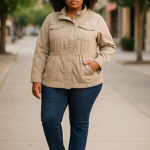 Womens Beige Cargo Utility Jacket 2X 97% Cotton 3% Spandex Hiking Walking